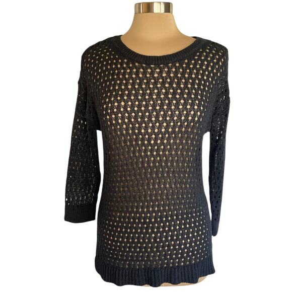 Ann Taylor Black Open Weave Crochet Pullover Sweater LARGE Fall Closet Staple - Picture 1 of 8